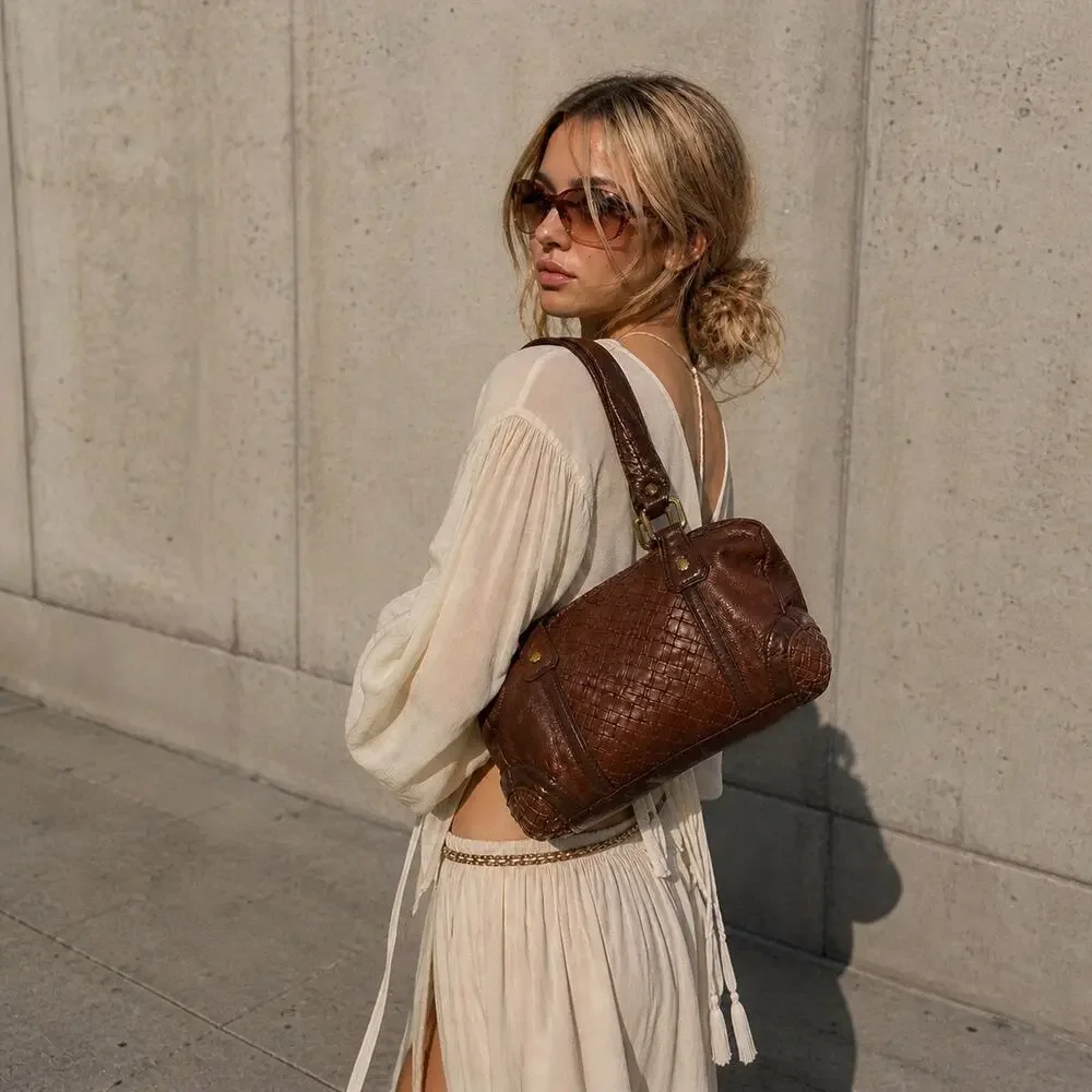 Elliot Lucca Brown Leather Satchel Y2K Woven Detail Top Handle Bag